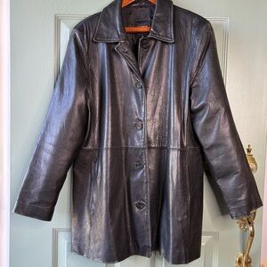 Colebrook Women's XL Black Leather Jacket Mid Length Car Coat Retro‎ Shabby Chic